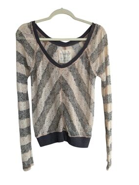 We The Free Sheer Striped Lace V-Neck Sweater in Beige and Gray